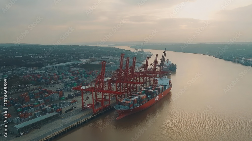 Aerial View of Busy Shipping Port with Container Ships and Cranes During Golden Hour, Reflecting Calm Waters and Industrial Activity Aerial View of Busy Shipping Port with Container Ships and Cranes During Golden Hour, Reflecting Calm Waters and Industrial Activity