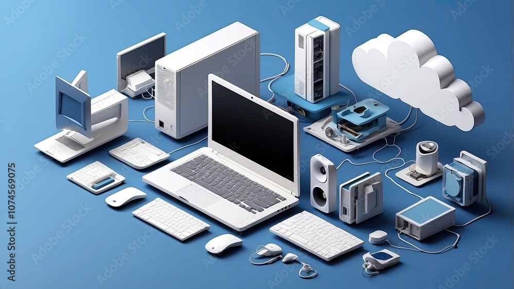 An isometric representation of a computer, laptop, liaison, or other technological device. Copy space, imaginative banner for cloud storage, tech repair, and computer services. Blue and An isometric representation of a computer, laptop, liaison, or other technological device. Copy space, imaginative banner for cloud storage, tech repair, and computer services. Blue and
