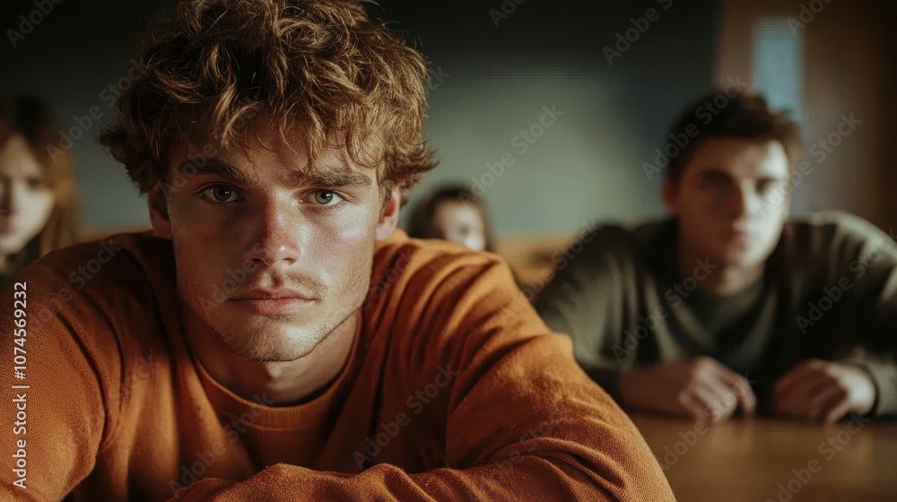 A young man with curly hair sits thoughtfully in a classroom setting, surrounded by peers, embodying focus and concentration on academic learning. A young man with curly hair sits thoughtfully in a classroom setting, surrounded by peers, embodying focus and concentration on academic learning.