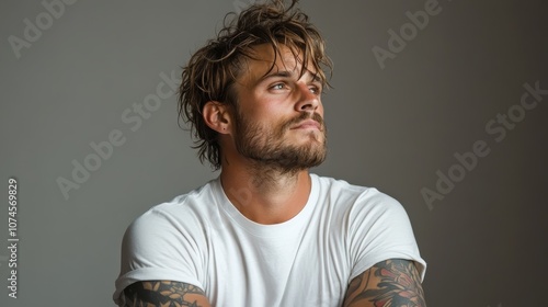 A man in a rugged haircut and tattoos gazes to the side with a pensive expression, embodying a mix of strength and contemplation in a minimalist setting.