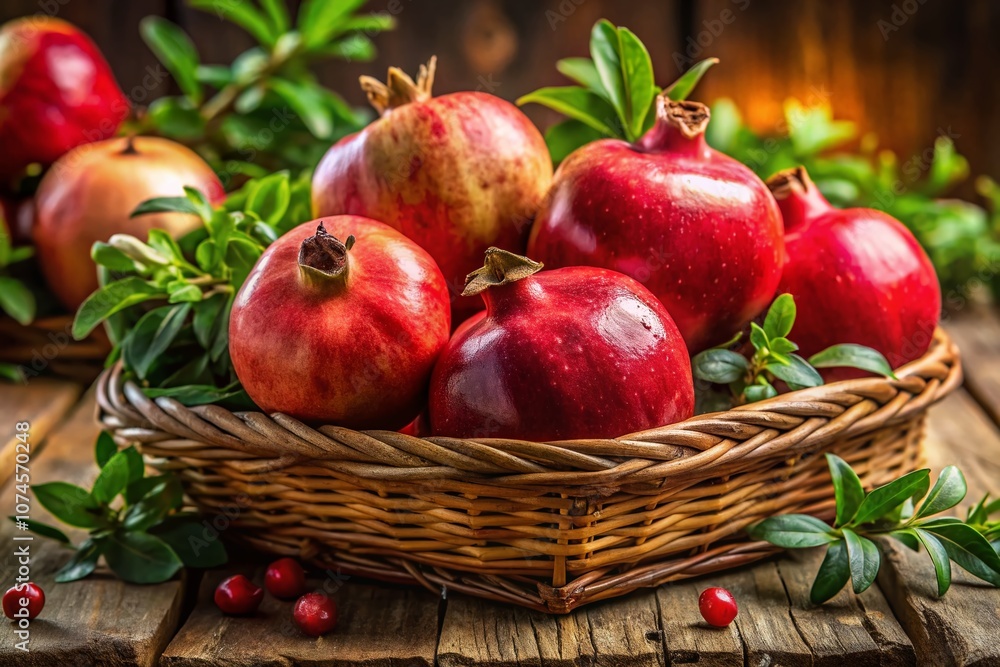Vibrant Ripe Pomegranates Displayed in a Rustic Basket with Green Leaves and Natural Lighting for a Fresh and Healthy Food Aesthetic Vibrant Ripe Pomegranates Displayed in a Rustic Basket with Green Leaves and Natural Lighting for a Fresh and Healthy Food Aesthetic
