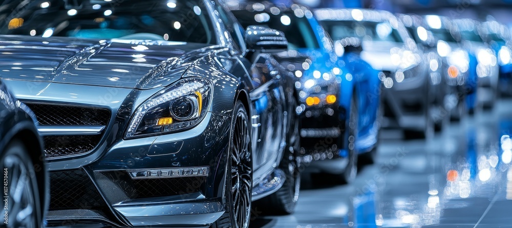 Obraz premium Lineup of Sleek, Modern Automobiles on Display, Conveying Luxury and Automotive Industry Trends.