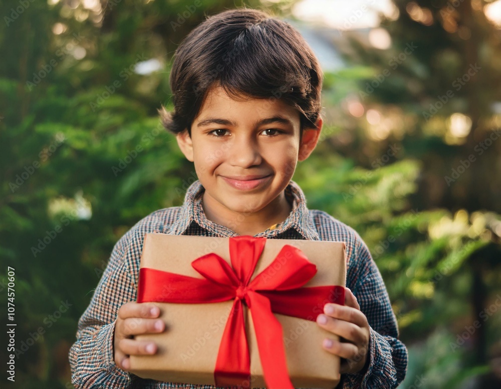 Primer plano de un niño sujetando un regalo con papel navideño marrón con un lazo rojo de navidad Primer plano de un niño sujetando un regalo con papel navideño marrón con un lazo rojo de navidad