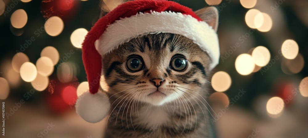 Adorable Tabby Kitten Wearing a Santa Hat for Christmas with a Twinkly, Festive Bokeh Background Adorable Tabby Kitten Wearing a Santa Hat for Christmas with a Twinkly, Festive Bokeh Background