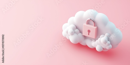 Privacy data concept. A fluffy cloud with a pink padlock symbolizes security and protection, conveying themes of safety in a soft, minimalist design