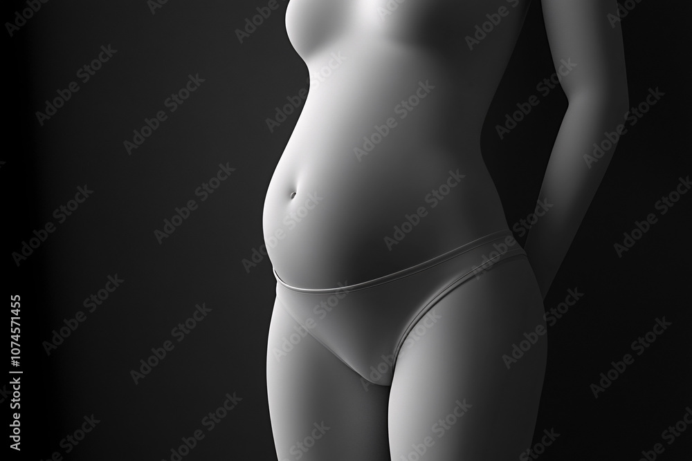 Naklejka premium Closeup of a pregnant woman's torso in grayscale hands gently resting on her belly symbolizing motherhood 