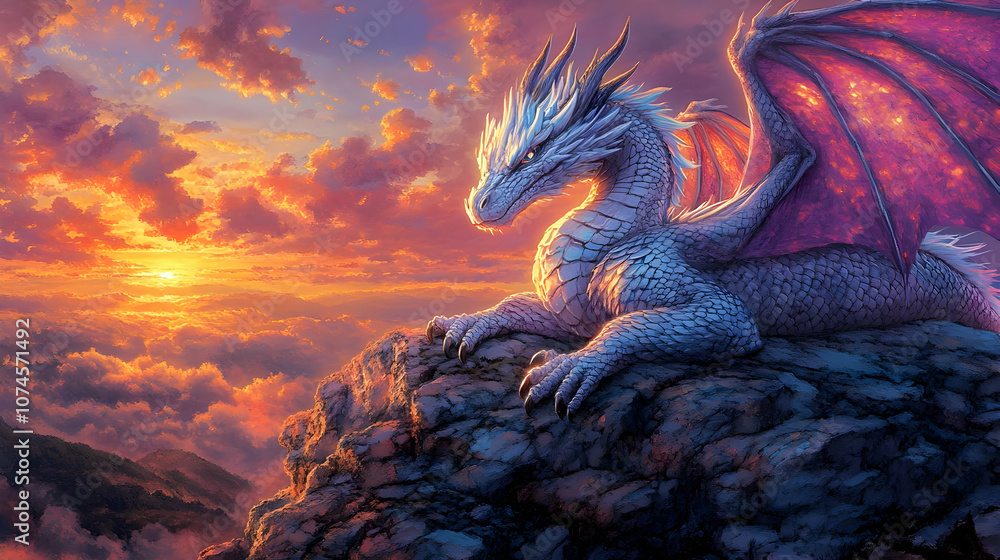 Dragon Illustration on Clifftop with Sunset Dragon Illustration on Clifftop with Sunset