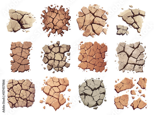 Ground cracks top view set. Nature disasters or droughts fractures on top of the ground dry siol. Cracks caused by earthquakes environment dangers. Cartoon style isolated vector clipart collection