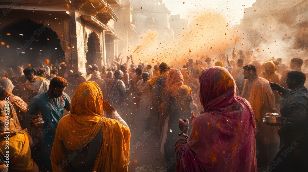 Fototapeta premium A crowd of people celebrating Holi festival in India, covered in colorful powder, with a building in the background.