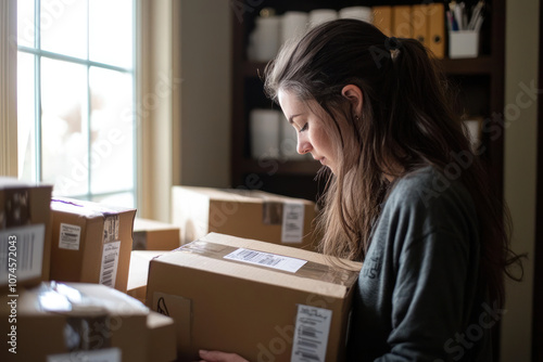 Woman Organizing Packages in a Bright Room