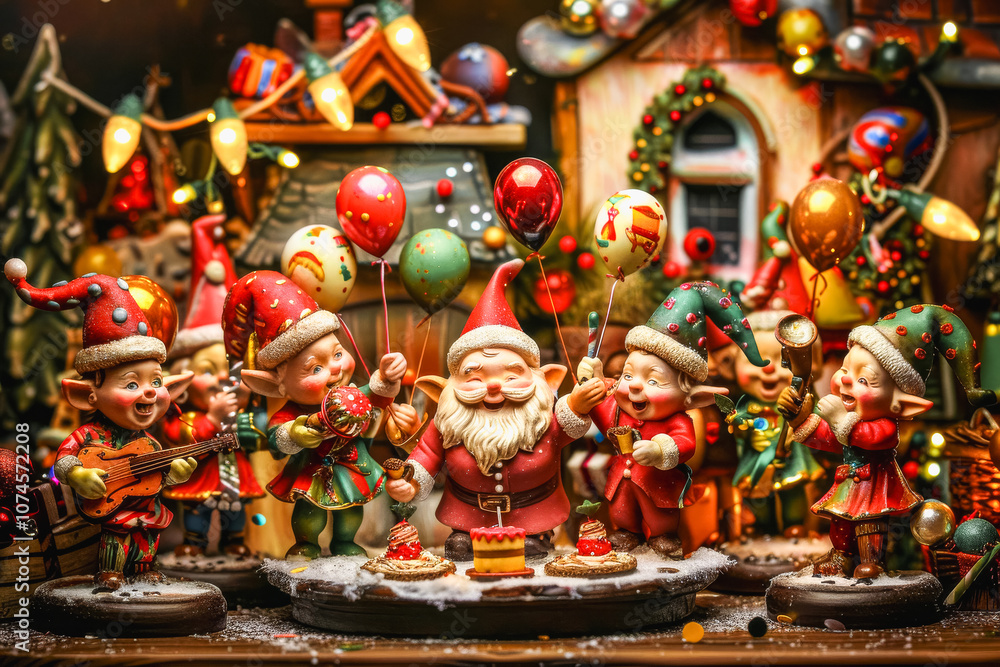 Fototapeta premium Festive santa claus birthday celebration with elves and balloons in christmas decor