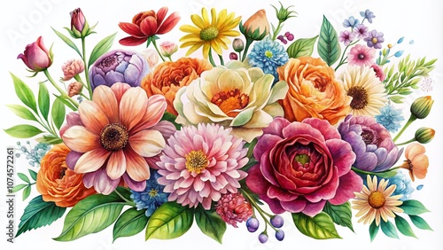 Vibrant Watercolor Flowers in a Kaleidoscope of Colors on a White Background for Urban Exploration Photography Inspiration