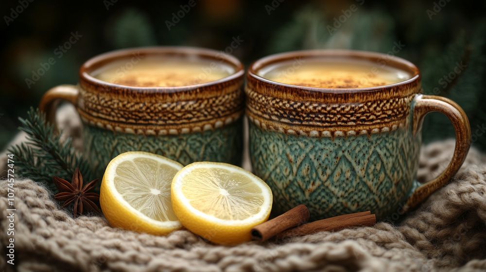 Two Mugs of Hot Tea with Lemon and Cinnamon on Knitted Blanket Outdoors
Two Mugs of Hot Tea with Lemon and Cinnamon on Knitted Blanket Outdoors