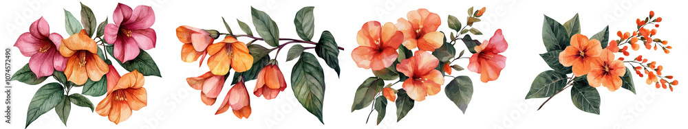 close up shot of exotic and colorful Jewelweed flowers blooming amidst a lush tropical foliage backdrop with vibrant hues of orange red and green close up shot of exotic and colorful Jewelweed flowers blooming amidst a lush tropical foliage backdrop with vibrant hues of orange red and green