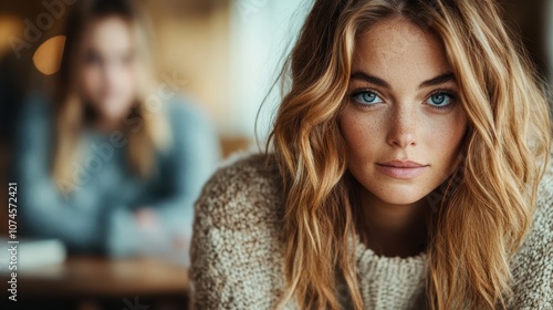 A young woman with long blonde hair and blue eyes, featuring freckles, looks contemplative while another person appears blurred in the background.