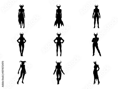 Set of Devil Girl Silhouette in various poses isolated on white background