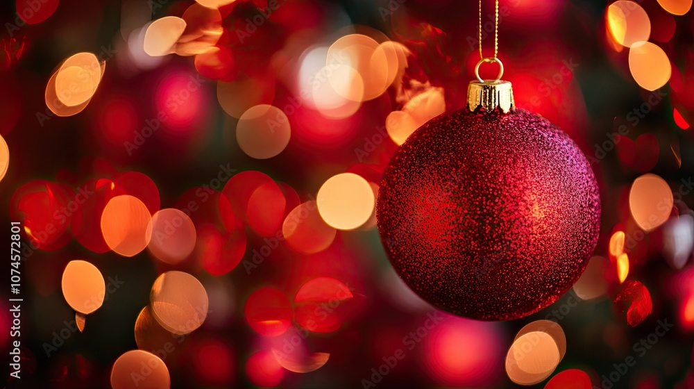 Fototapeta premium Vibrant red christmas ornament with glowing bokeh lights in festive holiday setting