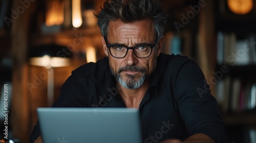 A man with glasses earnestly working on his laptop amidst soft ambient lighting in a room filled with books, conveying a blend of focus and warmth.