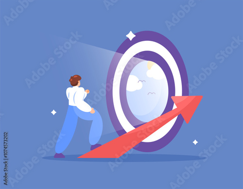concept towards freedom. path to peace and enlightenment. goals and targets. illustration of a businessman or entrepreneur walking towards a gate of success. flat style design. elements