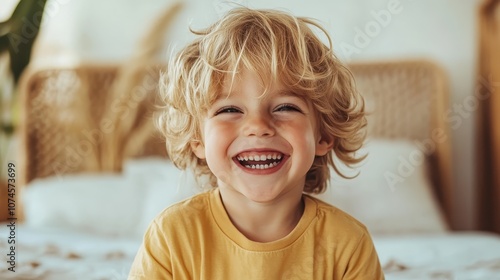 A blond-haired child laughs joyfully, set in a cozy room with soft lighting, symbolizing warmth and childhood happiness in a peaceful domestic scene.