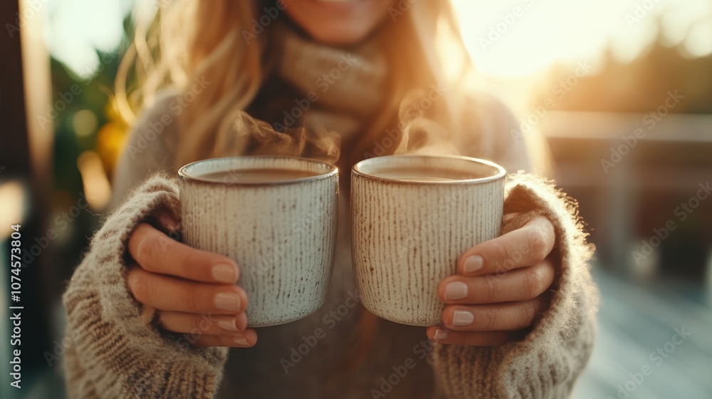 A woman in a cozy sweater holds two steaming mugs outdoors, with a warmth-inducing, golden sunset highlighting the relaxed, intimate atmosphere of the moment. A woman in a cozy sweater holds two steaming mugs outdoors, with a warmth-inducing, golden sunset highlighting the relaxed, intimate atmosphere of the moment.