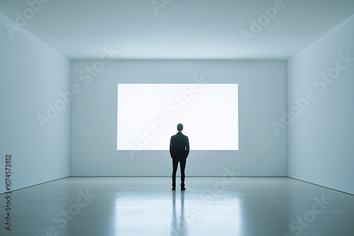 Minimalist Gallery Interior with White Walls and a Single Figure