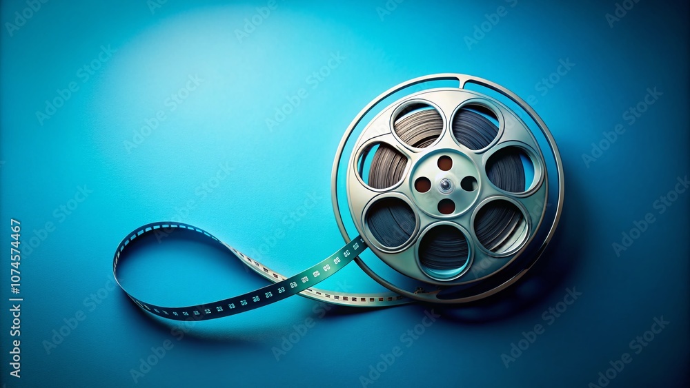 Obraz premium Vintage Film Reel with Unwinding Film Strip on Blue Background, Perfect for Nostalgic Themes and Cinematic Projects, Capturing the Essence of Classic Movie History and Artistry