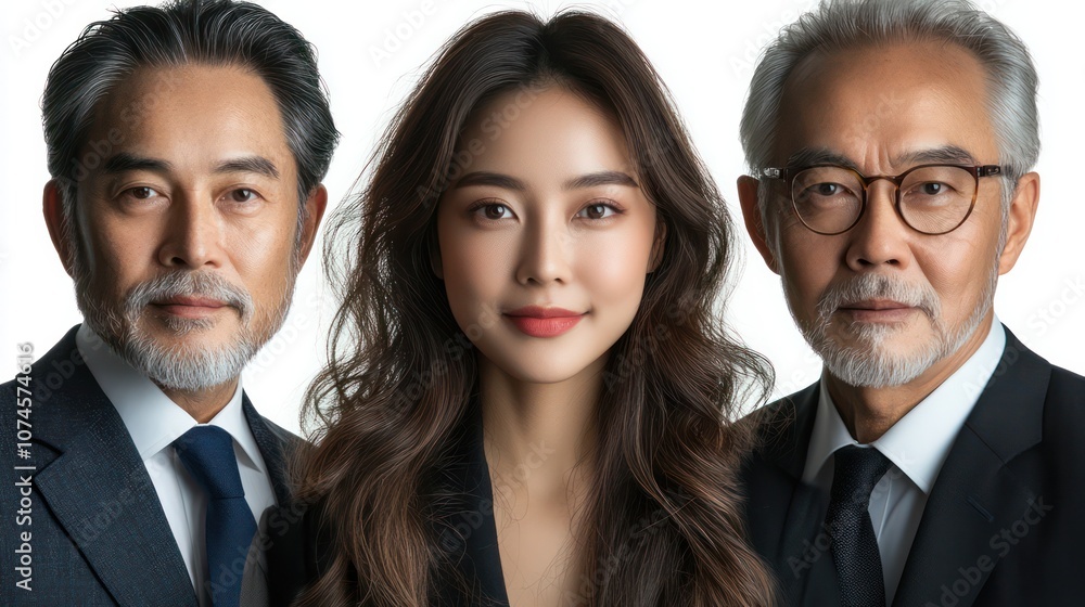 Diverse business group from Thailand, including youth and elderly, professional attire, isolated, white background Diverse business group from Thailand, including youth and elderly, professional attire, isolated, white background