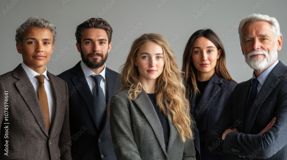 Diverse business group from the United Kingdom, including youth and elderly, professional attire, isolated, white background Diverse business group from the United Kingdom, including youth and elderly, professional attire, isolated, white background