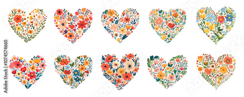 Heart shape made of flowers set. Romantic floral patterned decorative hearts Spring summer Valentine card wedding invitations banners postcards design template element. Cartoon style isolated vector