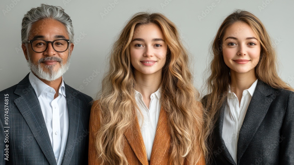 Diverse business team portrait, with young adults and seniors, professional attire, isolated, white background Diverse business team portrait, with young adults and seniors, professional attire, isolated, white background