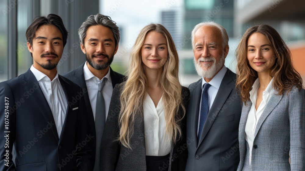 Diverse business team portrait, with young adults and seniors, professional attire, isolated, white background Diverse business team portrait, with young adults and seniors, professional attire, isolated, white background