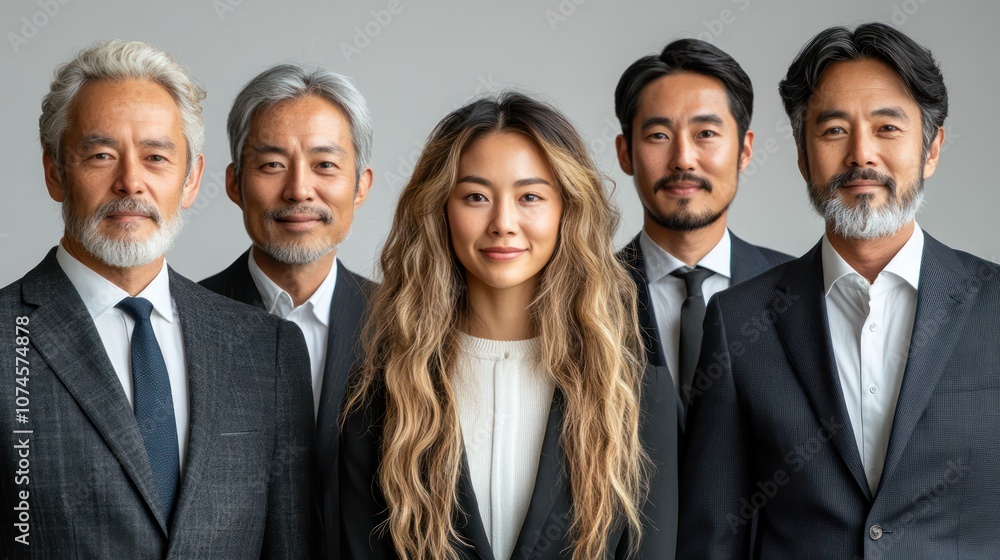 Diverse business team portrait, with young adults and seniors, professional attire, isolated, white background