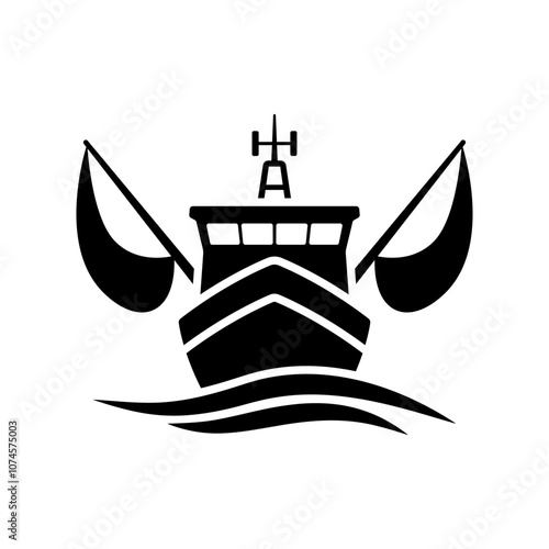 Fishing ship icon. Trawler. Black silhouette. Front view. Vector simple flat graphic illustration. Isolated object on white background. Isolate.