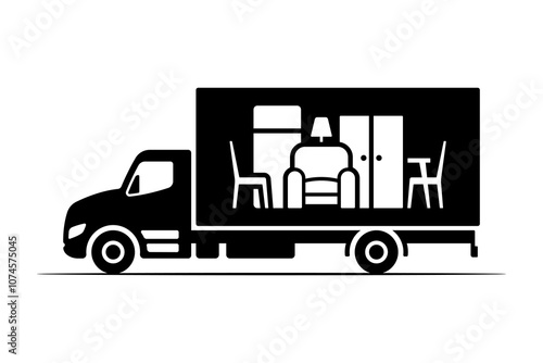 Truck icon. Furniture transportation. Moving to another house. Black silhouette. Side view. Vector simple flat graphic illustration. Isolated object on white background. Isolate.