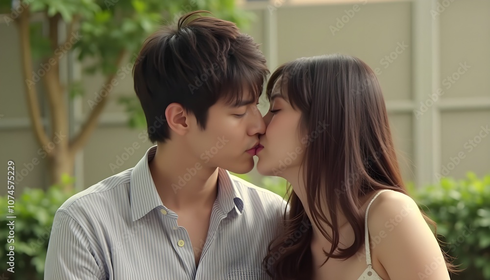 Playful Kiss Between a Couple in a Romantic Setting Playful Kiss Between a Couple in a Romantic Setting