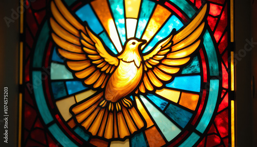 A vibrant stained glass window featuring a dove surrounded by colorful rays of light in a serene church setting photo