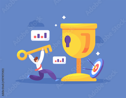 key to success concept. key to achieve success, become a champion, and victory. illustration of a businessman or employee carrying a golden key to unlock and get a trophy. flat style design. element