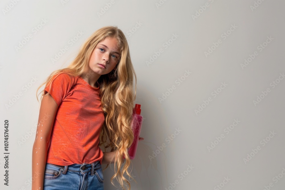 A young girl with long blonde hair standing against a wall A young girl with long blonde hair standing against a wall