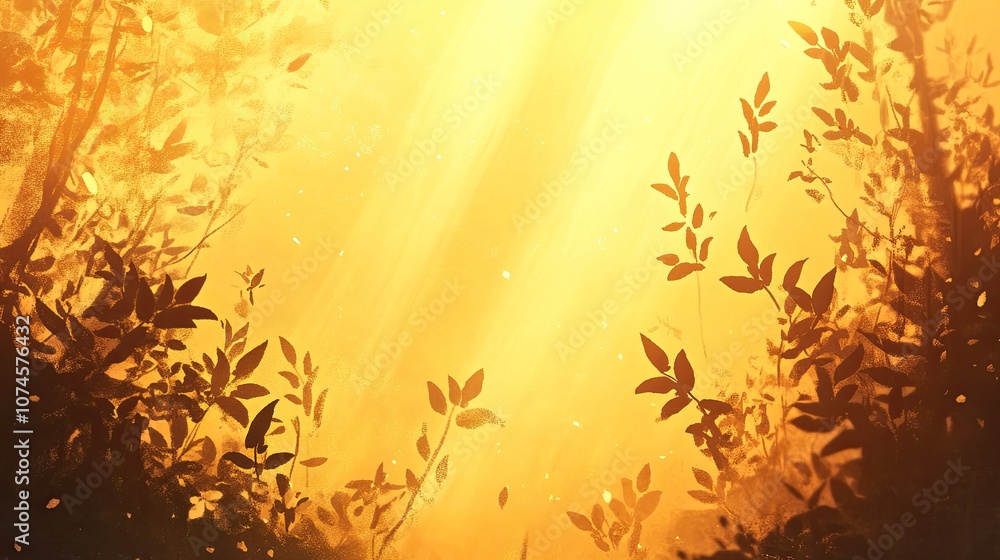 Golden sunlit forest with silhouetted leaves and dreamy atmosphere Golden sunlit forest with silhouetted leaves and dreamy atmosphere