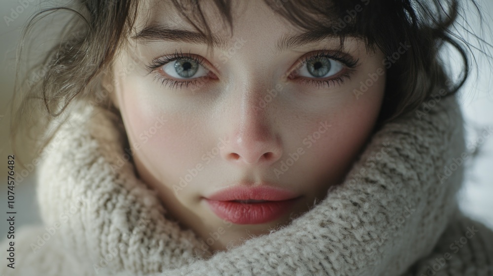 A close-up shot of a person wrapping their neck with a scarf, suitable for fashion or lifestyle uses A close-up shot of a person wrapping their neck with a scarf, suitable for fashion or lifestyle uses
