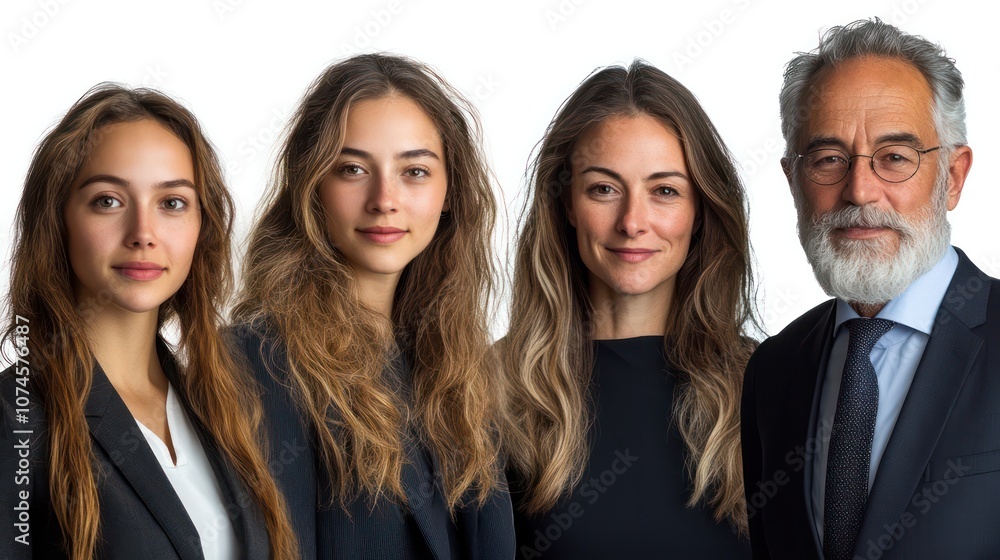 Group of French business professionals, various ages, including youth and elderly, isolated, white background Group of French business professionals, various ages, including youth and elderly, isolated, white background
