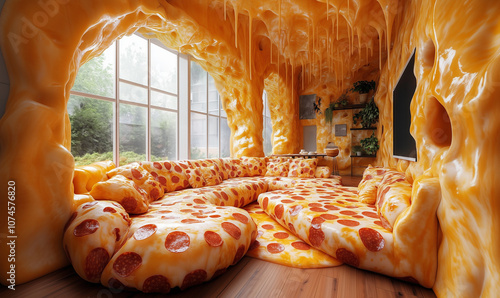 A modern living room transformed into a pizza paradise, with cheese flooring and pizza details throughout. This quirky, pizza-themed interior design feels like a flavorful dream come true photo