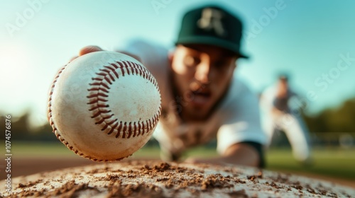 A focused baseball player dives to catch a ground ball, showcasing the intensity and athleticism of the sport in a dynamic outdoor setting with a blue sky backdrop. photo