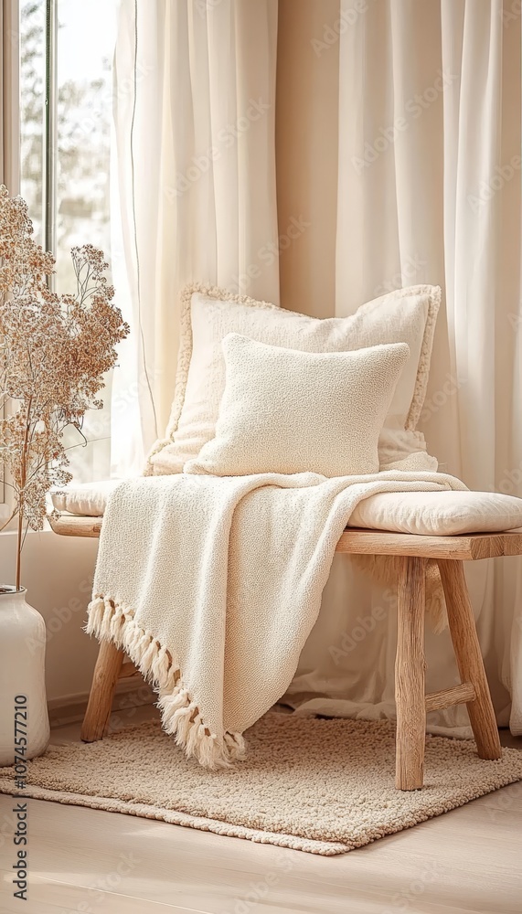 Cozy Corner Wooden Bench with Knitted Plaid, Pillows, and Sheer Curtains in Minimalist Interior. Cozy Corner Wooden Bench with Knitted Plaid, Pillows, and Sheer Curtains in Minimalist Interior.