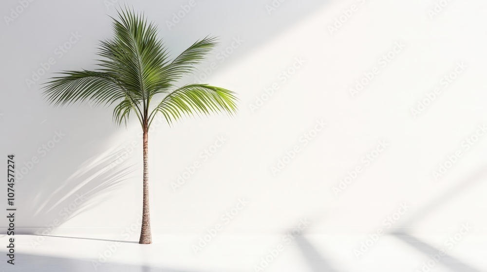 A solitary coconut tree is placed on a bright white background, its long, slender trunk and wide green leaves forming a striking contrast with the clean, minimalist space. A solitary coconut tree is placed on a bright white background, its long, slender trunk and wide green leaves forming a striking contrast with the clean, minimalist space.