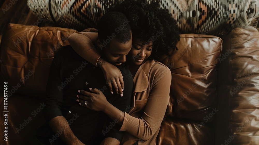Tender Moments: Couple Hugging on Sofa Tender Moments: Couple Hugging on Sofa