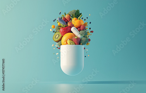 A supplement pill partially blending into a mix of fruits and vegetables, highlighting its healthful, natural contents photo