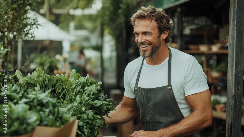 A smiling man in an apron tends to a vibrant display of fresh herbs in a bustling outdoor market, highlighting the joy and effort of cultivating natural produce. A smiling man in an apron tends to a vibrant display of fresh herbs in a bustling outdoor market, highlighting the joy and effort of cultivating natural produce.
