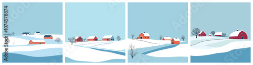 Idyllic winter farm scene square posters set with snow covered fields and quaint barns. Light blue background. Peaceful rural winter season in a village card. Flat cartoon minimalism style vector